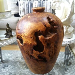 EXQUISITE Vintage BURL WOOD Large ORNATE VASE